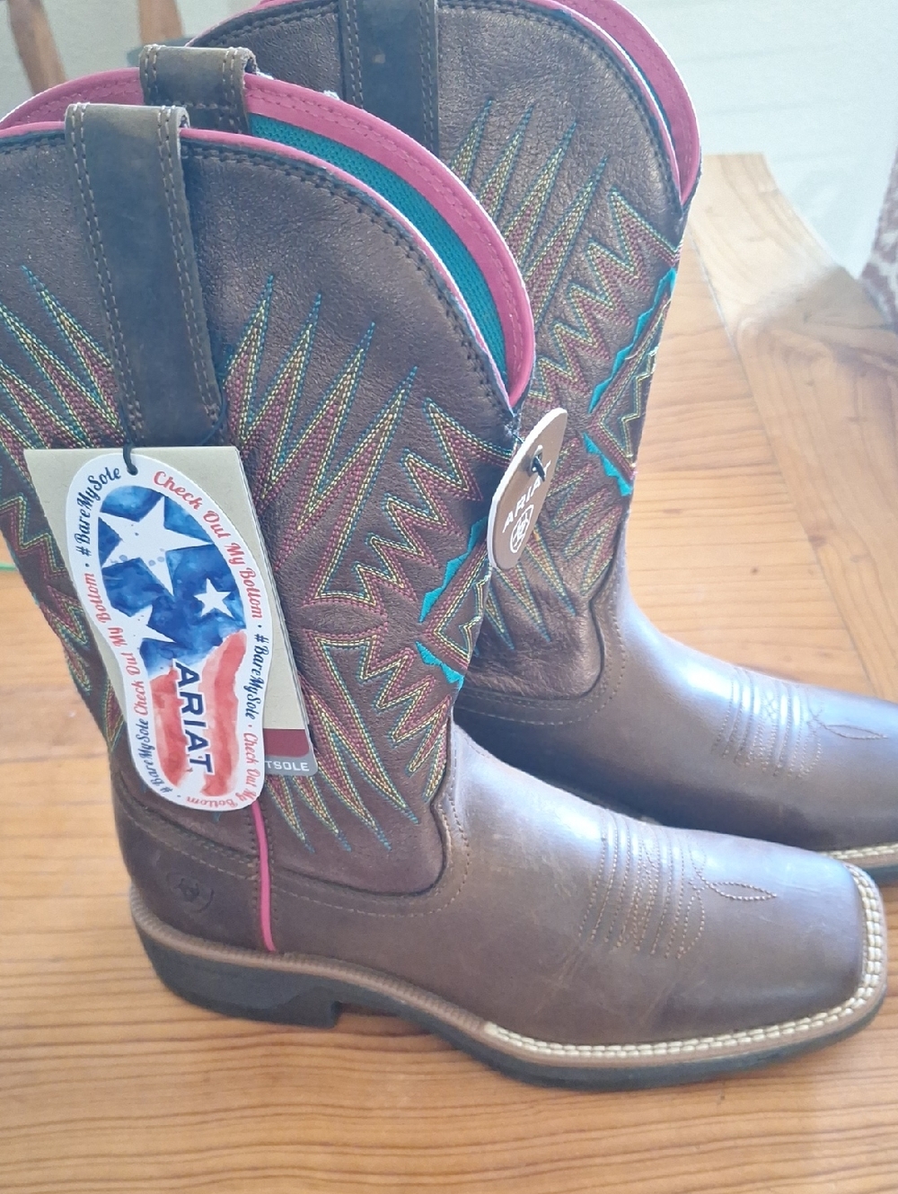Ariat Brown Leather Western Boots with Pink & Teal Trim Size 7.5 B